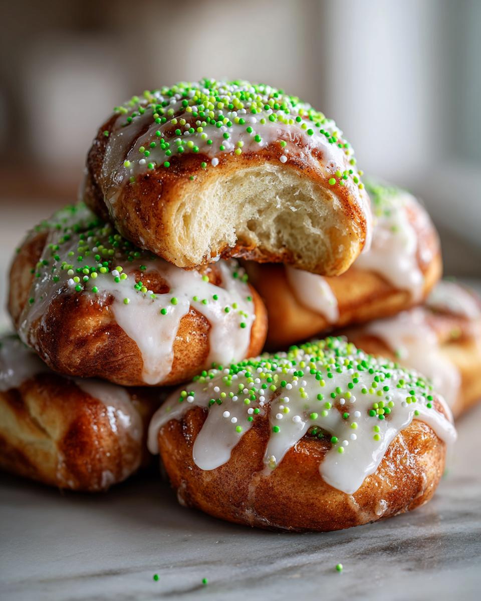 A stack of fluffy christmas tree cinnamon rolls topped with white icing and green and white sprinkles.