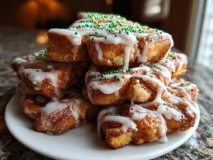 A stack of freshly baked christmas tree cinnamon rolls, drizzled with white icing and green and gold sprinkles.
