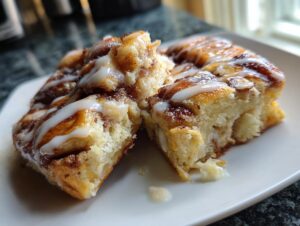 Two pieces of fluffy cinnamon roll french toast drizzled heavily with white icing on a white plate.