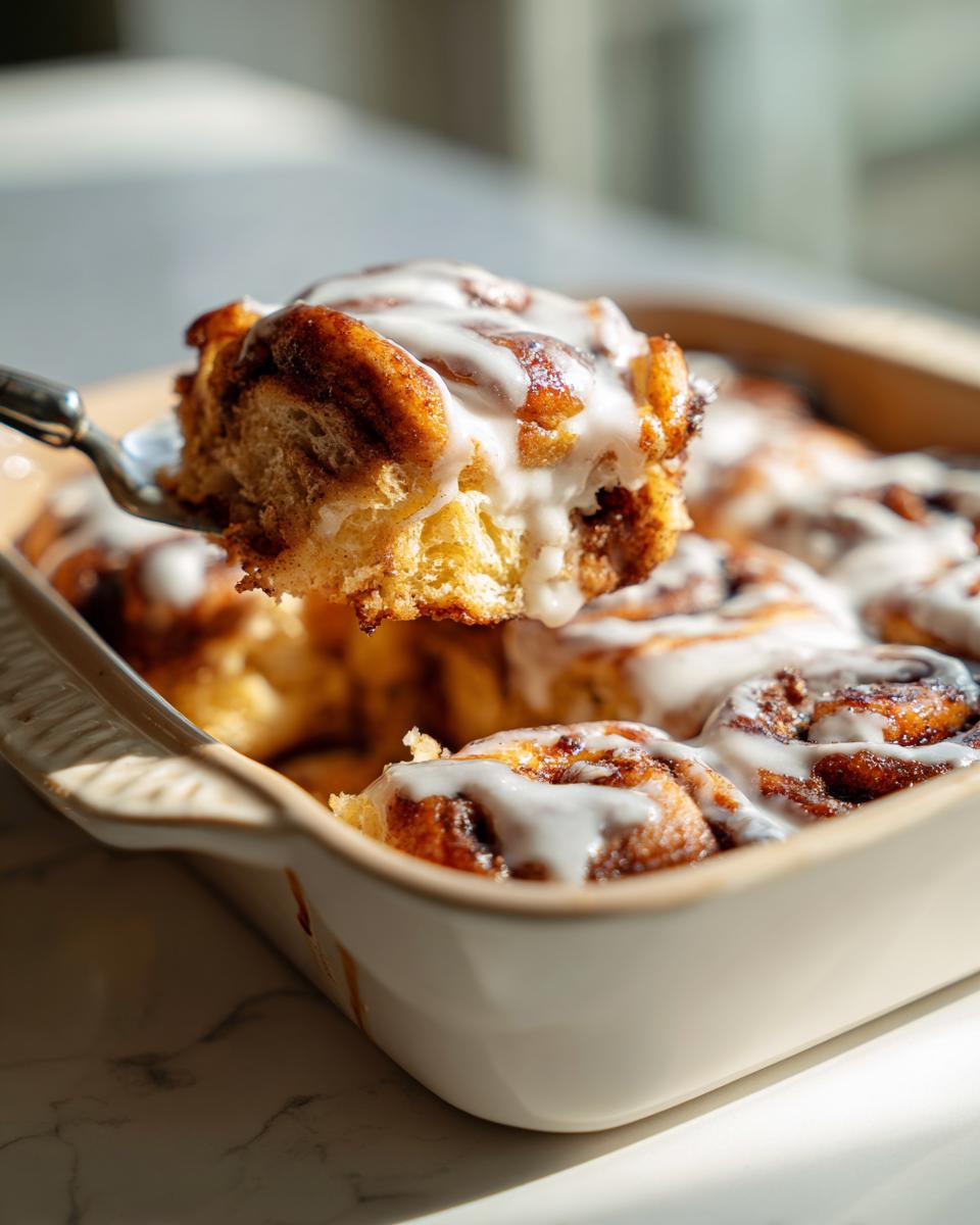 A serving utensil lifts a piece of gooey cinnamon roll french toast covered in white icing from a baking dish.