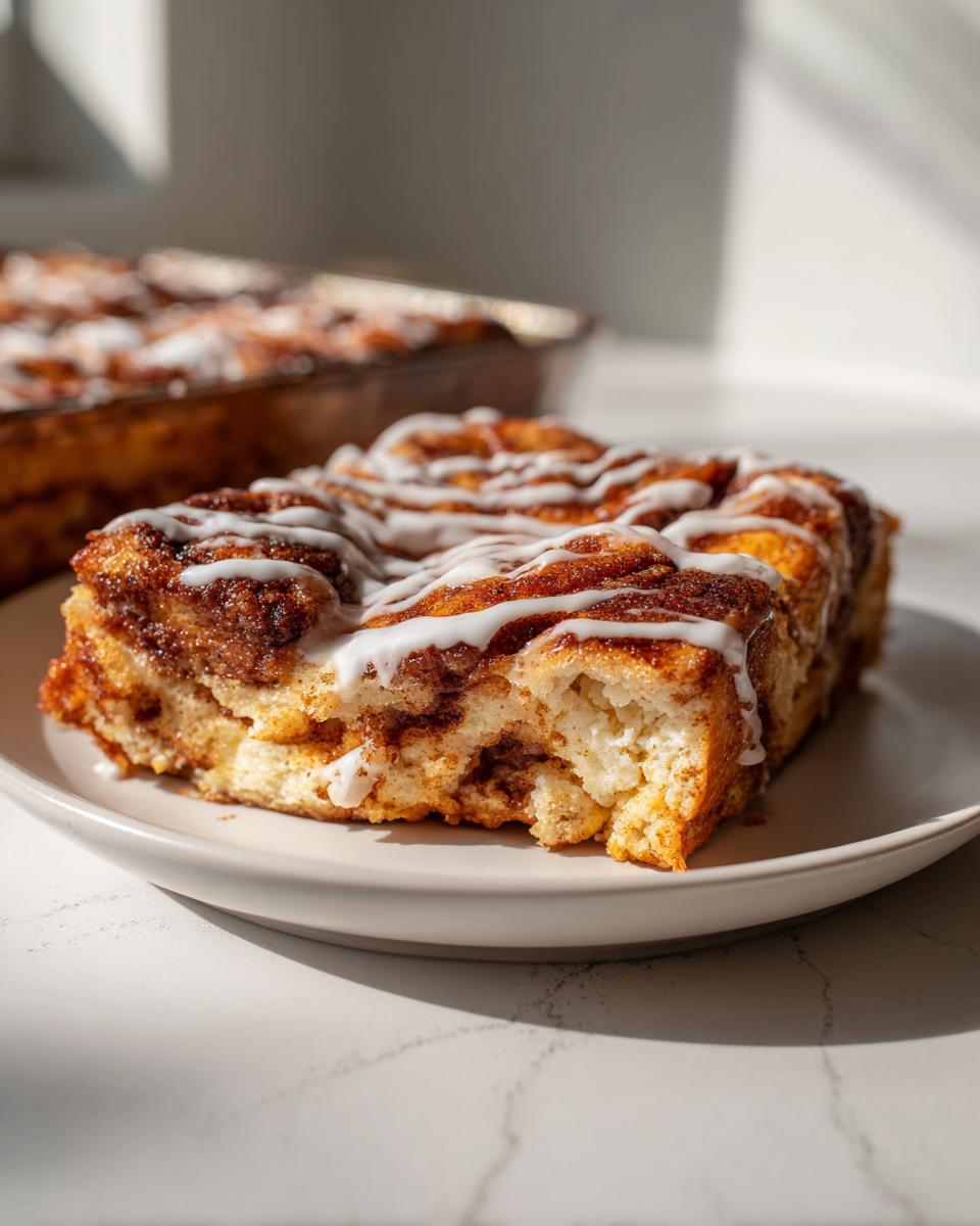 A close-up serving of cinnamon roll french toast drizzled with white icing on a plate.
