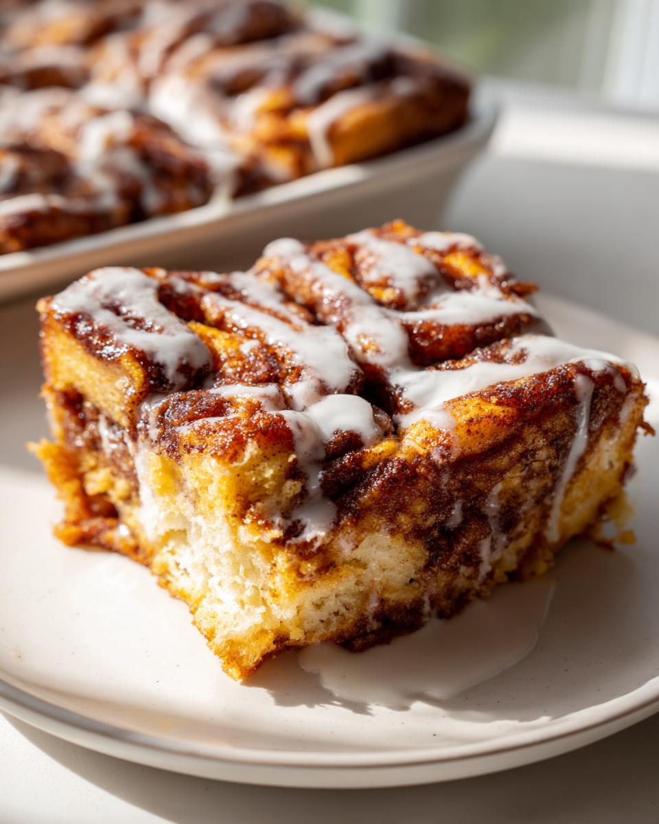 A close-up of a square serving of cinnamon roll french toast, topped with white icing, on a light plate.