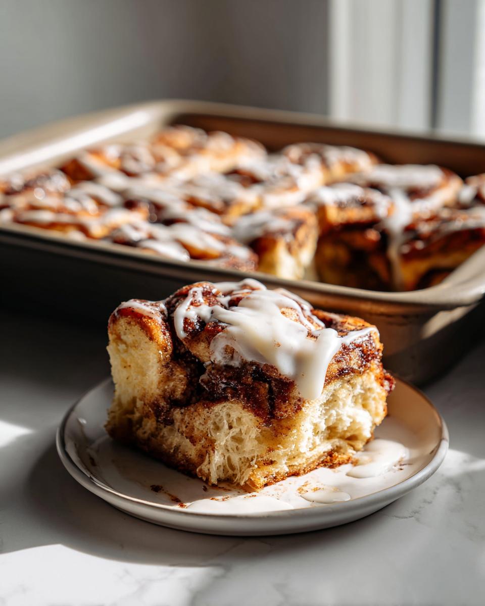 A close-up of a single serving of cinnamon roll french toast, drizzled with white icing, with the rest of the batch blurred in the background.