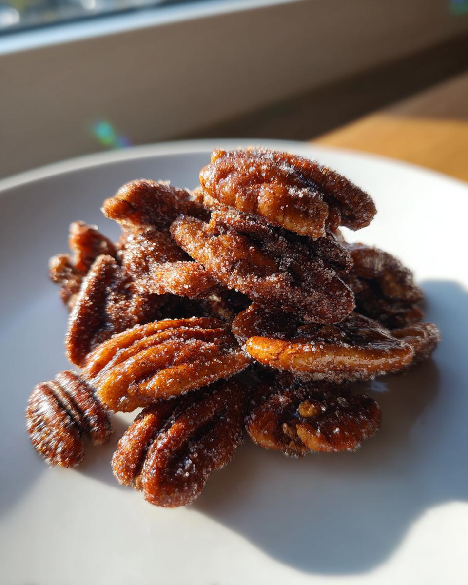 A close-up pile of glossy, caramelized cinnamon sugar pecans dusted with visible sugar crystals.
