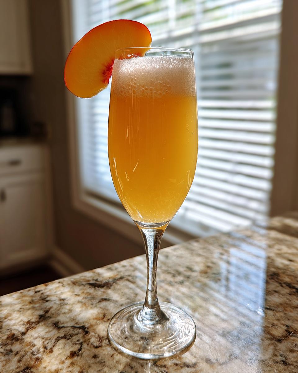 A refreshing bellini recipe cocktail served in a champagne flute, garnished with a fresh peach slice.