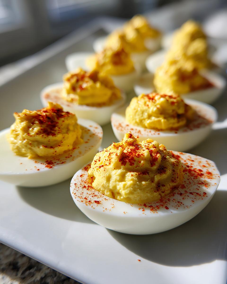 Close-up of beautifully piped classic deviled eggs garnished with a sprinkle of paprika on a white platter.