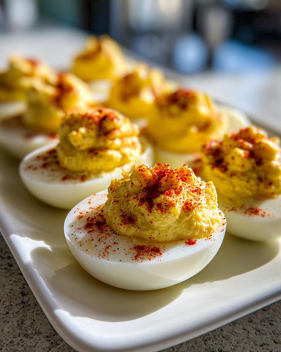 Close-up of several classic deviled eggs, piped high with yellow filling and sprinkled generously with paprika.