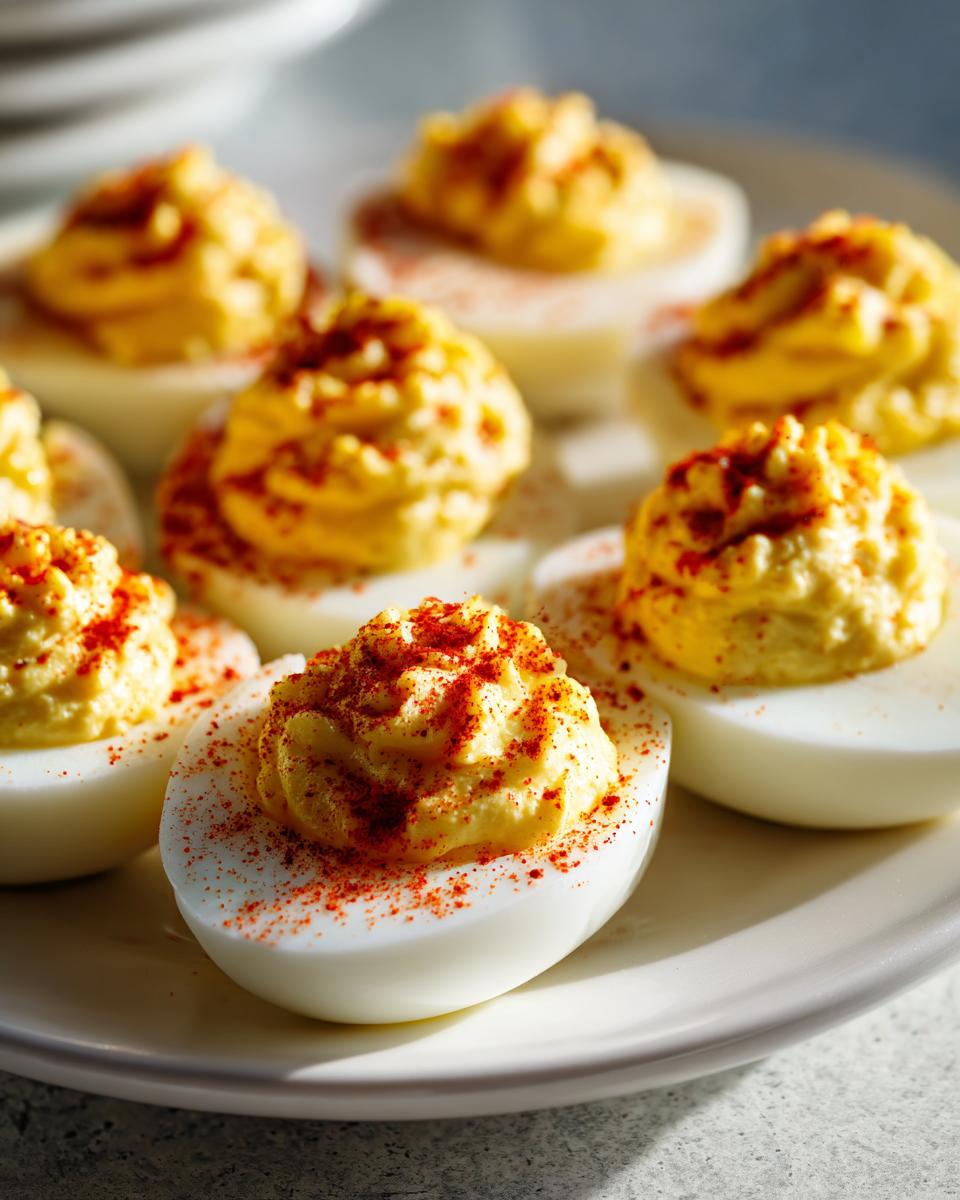 Close-up of several classic deviled eggs on a white plate, topped with piped yolk filling and sprinkled paprika.