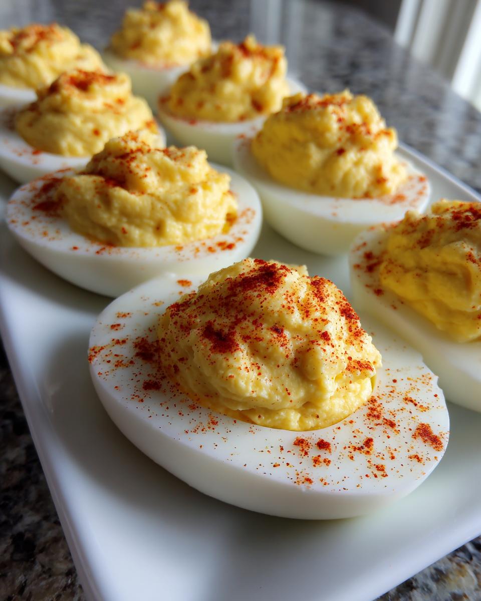 A close-up of several classic deviled eggs arranged on a white platter, topped with creamy filling and sprinkled with paprika.