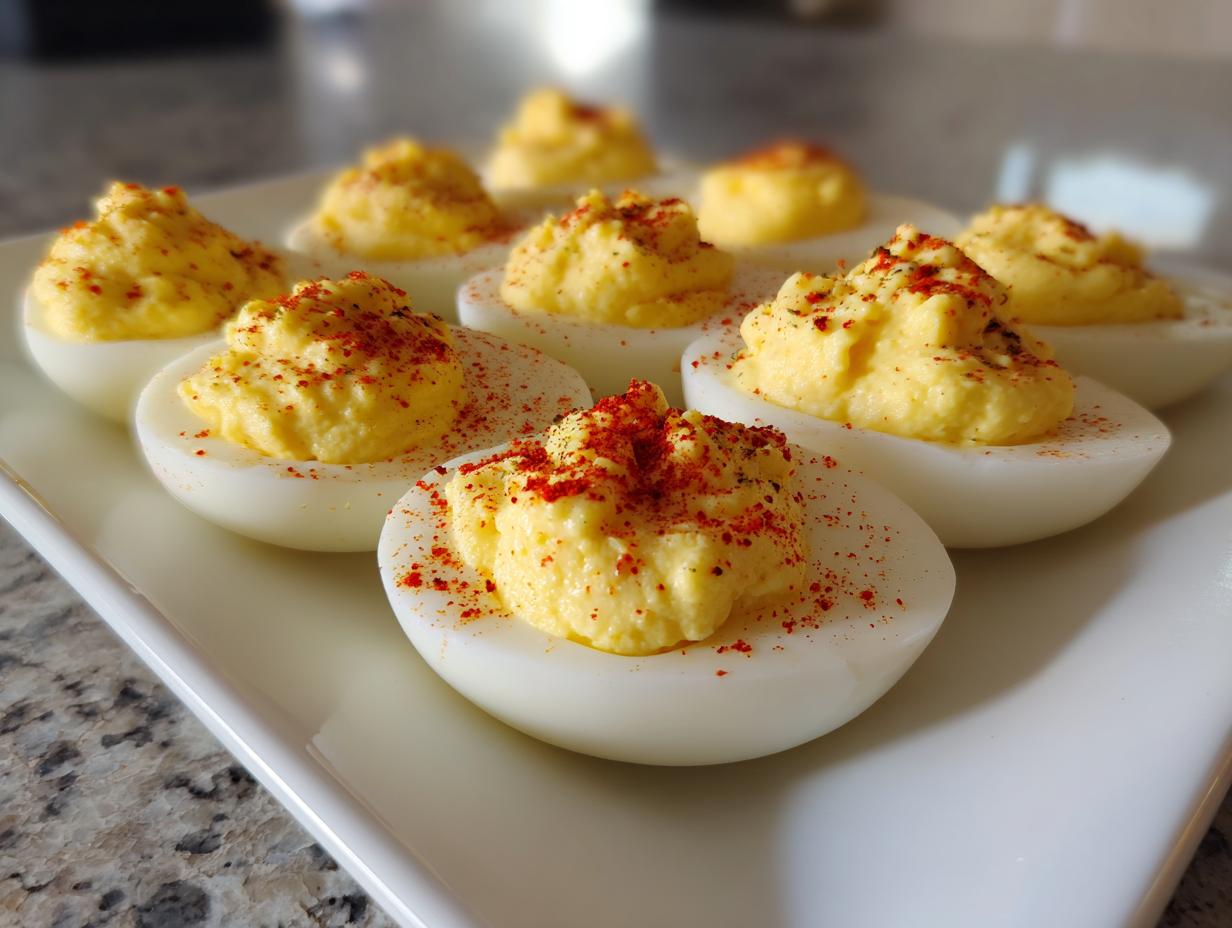 A close-up of several classic deviled eggs arranged on a white platter, topped with creamy filling and paprika.