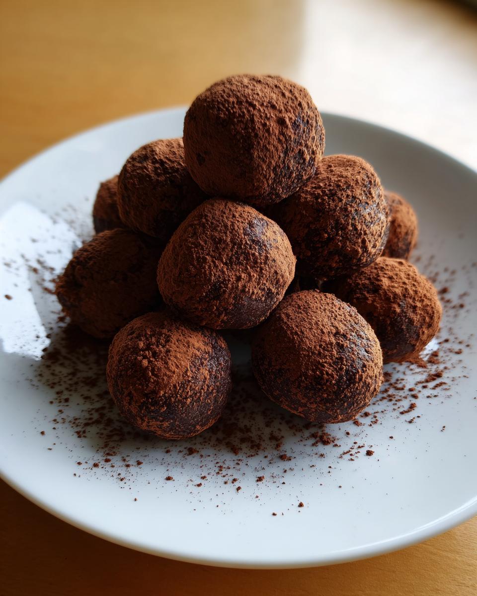 A stack of rich, dark bourbon balls heavily dusted with cocoa powder, resting on a white plate.