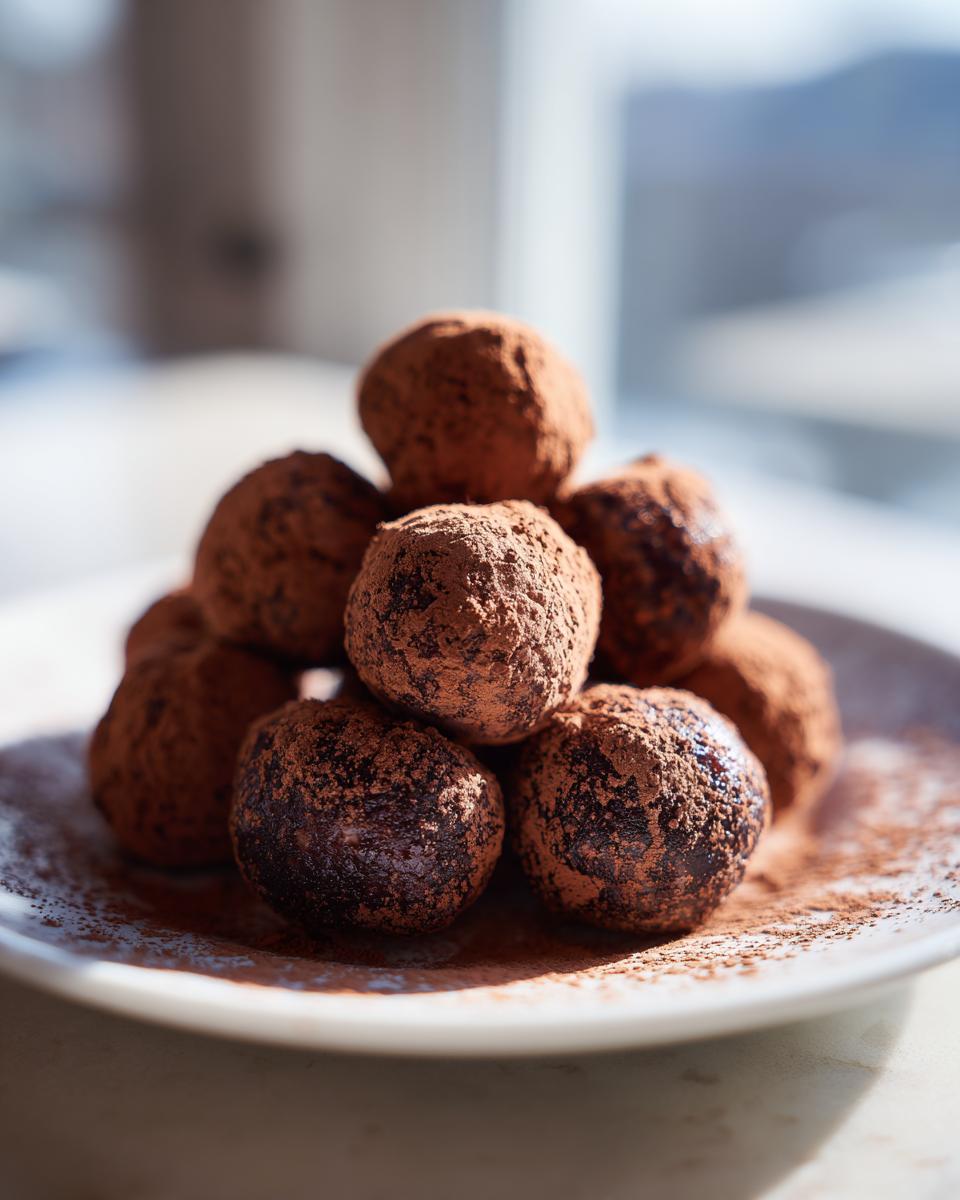 A stack of rich, dark bourbon balls heavily dusted with cocoa powder, sitting on a white plate.