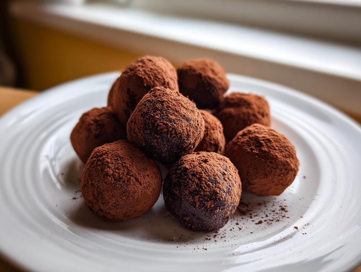 A close-up of several rich, dark bourbon balls heavily dusted with cocoa powder, resting on a white plate.