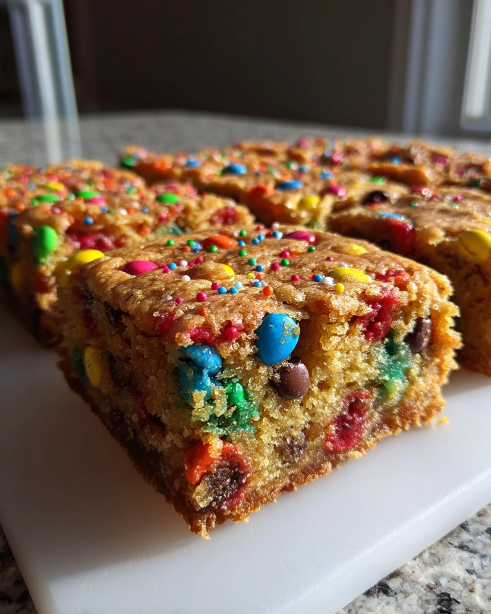A close-up of a thick, chewy square of christmas cookie bars loaded with colorful candies and sprinkles.