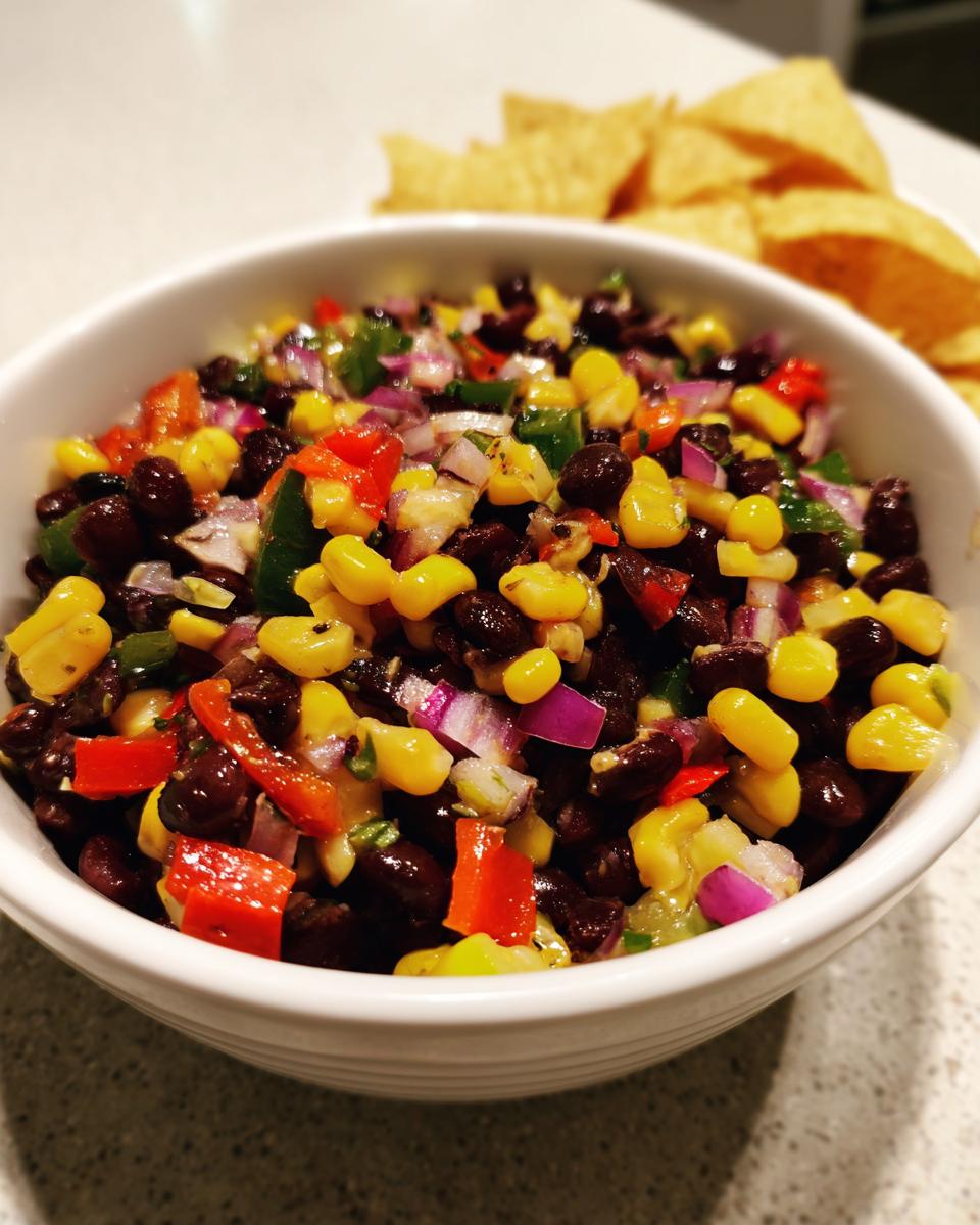 Close-up of vibrant cowboy caviar featuring black beans, corn, red onion, and peppers, served with tortilla chips.