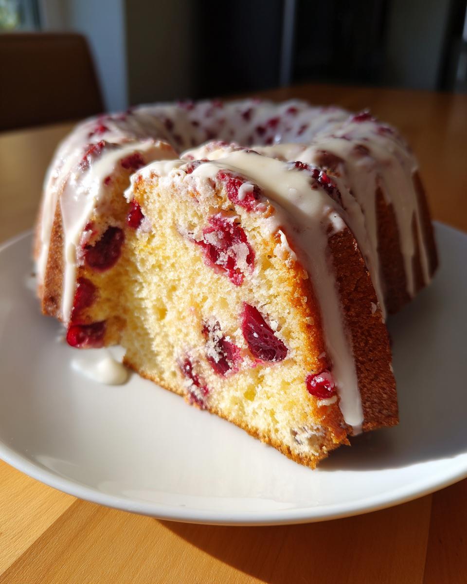 A slice cut from a bundt-style cranberry orange cake, showing moist crumb and white glaze.