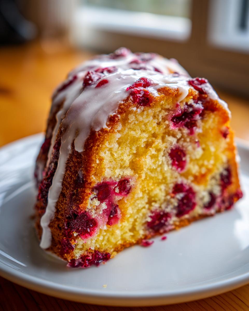 Close-up of a moist slice of cranberry orange cake topped with a sweet white glaze and studded with bright red cranberries.