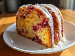 A close-up of a moist slice of cranberry orange cake topped with a thick white glaze.