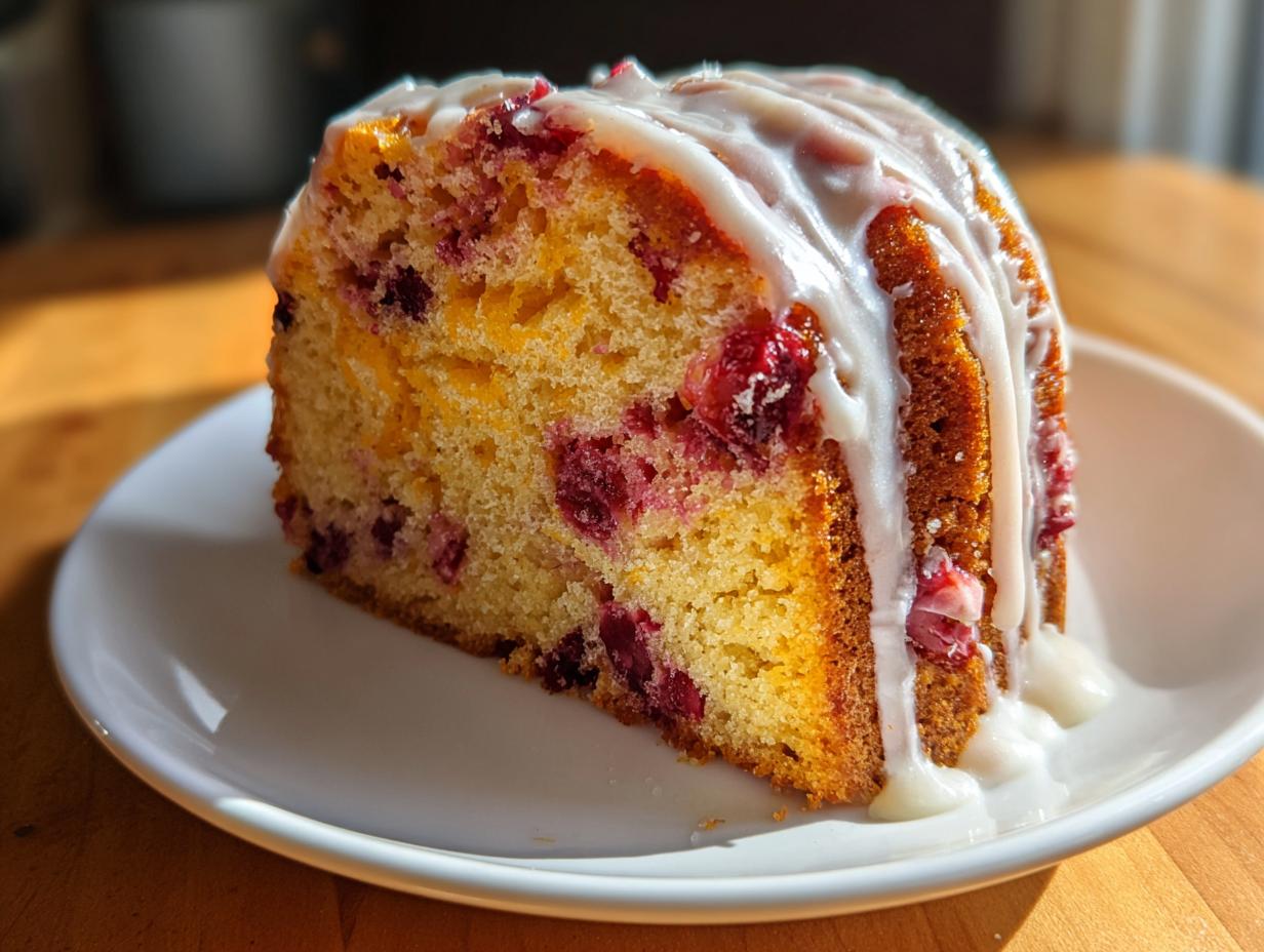 A close-up of a moist slice of cranberry orange cake topped with a thick white glaze.