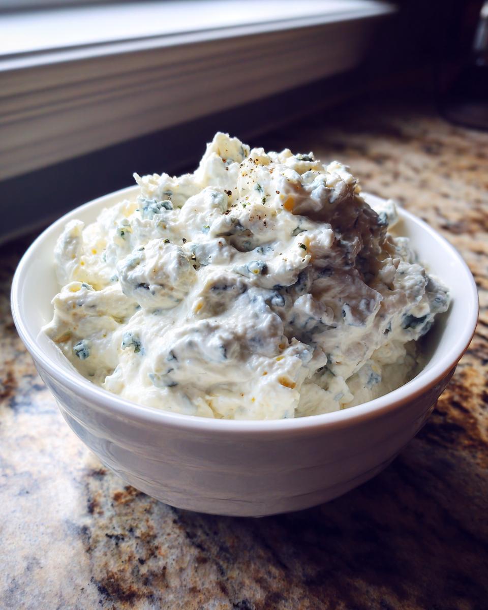 A close-up of a thick, creamy homemade blue cheese dip, topped with cracked black pepper, served in a white bowl.