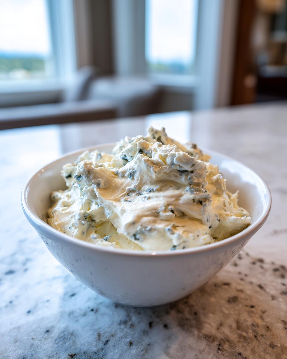 A close-up of thick, creamy blue cheese dip with visible blue mold chunks served in a small white bowl on a granite counter.
