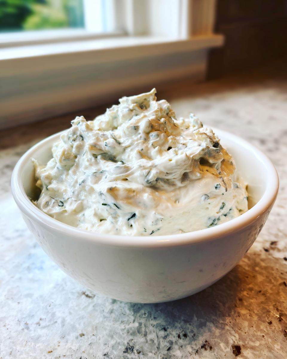 A close-up of thick, creamy blue cheese dip speckled with herbs served in a small white bowl.