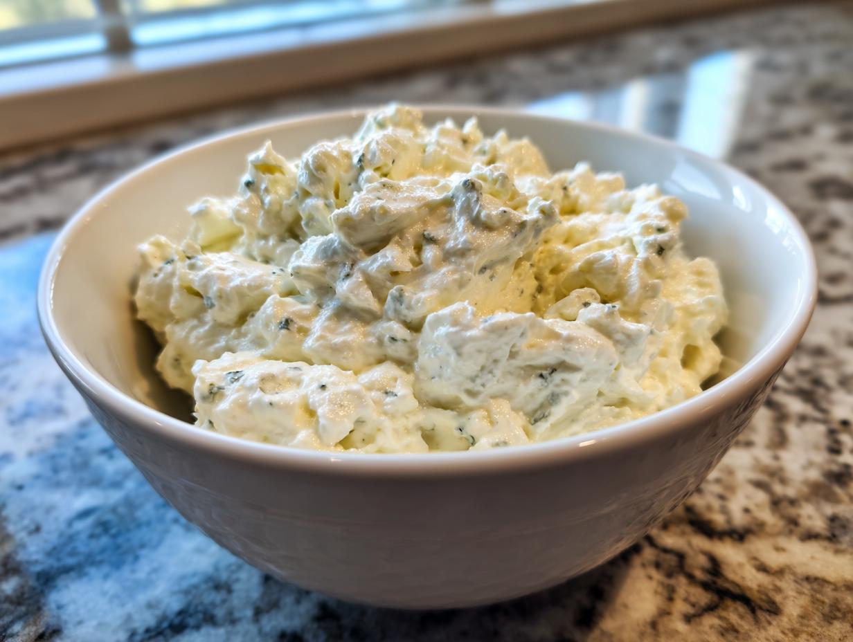 Close-up of a white bowl filled with chunky, creamy blue cheese dip, featuring visible blue cheese crumbles.