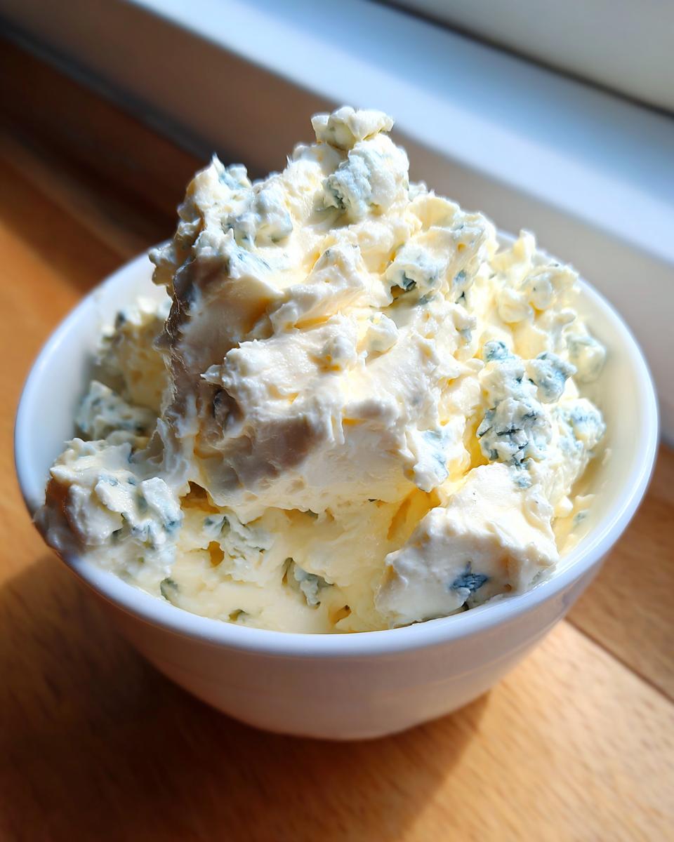 Close-up of chunky, creamy blue cheese dip generously piled high in a small white bowl.
