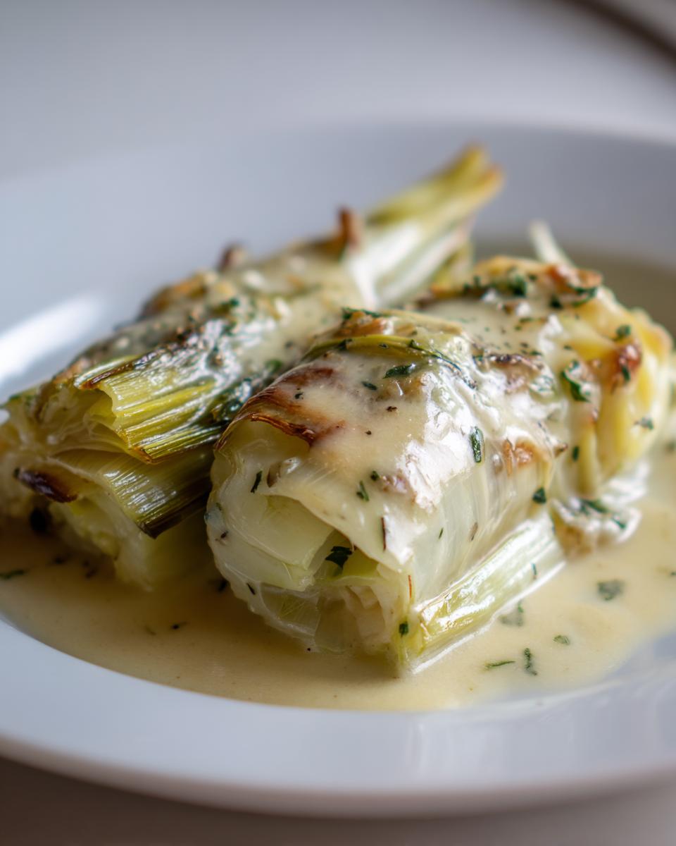 Two portions of tender braised leeks covered in a creamy, cheesy sauce and sprinkled with herbs.