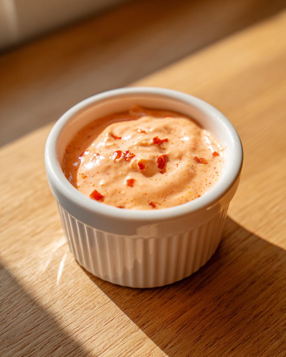 Close-up of creamy, orange-hued burger sauce topped with red chili flakes in a white ramekin.