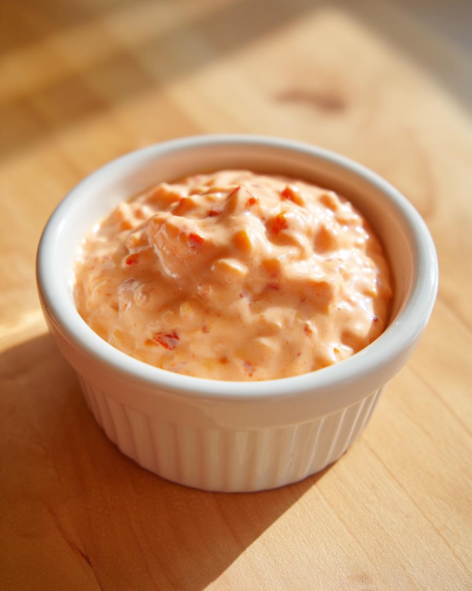 Close-up of creamy, orange-hued burger sauce with visible relish chunks in a small white ramekin.