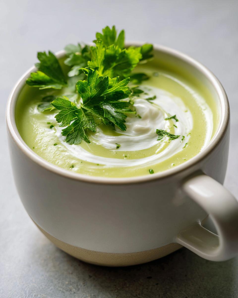 Close-up of a mug filled with creamy green celery soup, topped with a swirl of cream and fresh parsley.
