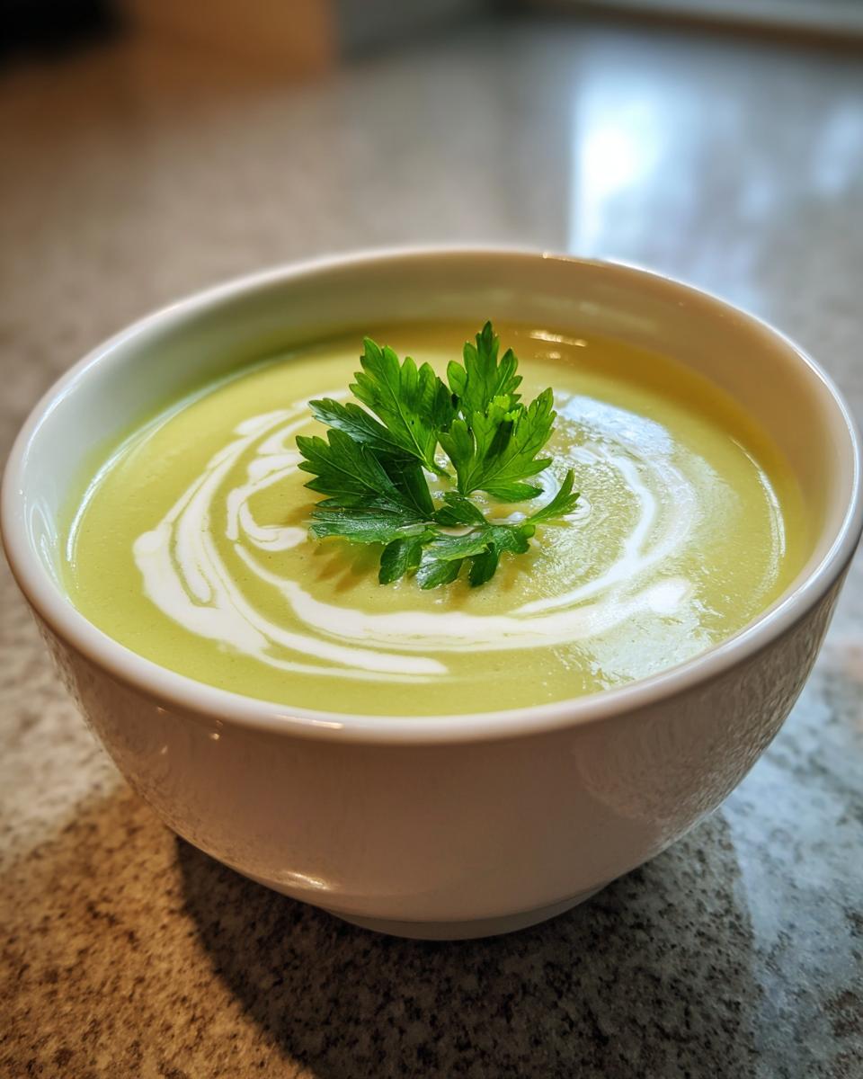 A close-up of a white bowl filled with smooth, pale green celery soup, garnished with cream swirls and fresh parsley.