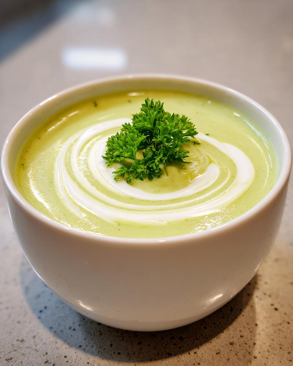A close-up of a bowl of creamy, light green celery soup, swirled with cream and topped with fresh parsley.