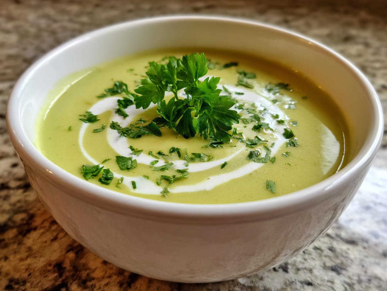 Close-up of a bowl of creamy, light green celery soup, swirled with cream and topped with fresh parsley.