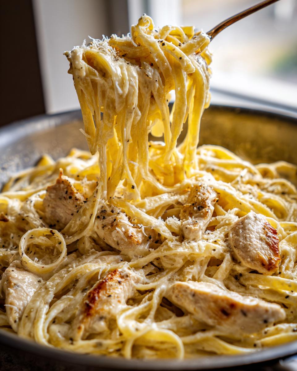 A fork lifting strands of creamy chicken fettuccine alfredo coated in rich sauce and black pepper.