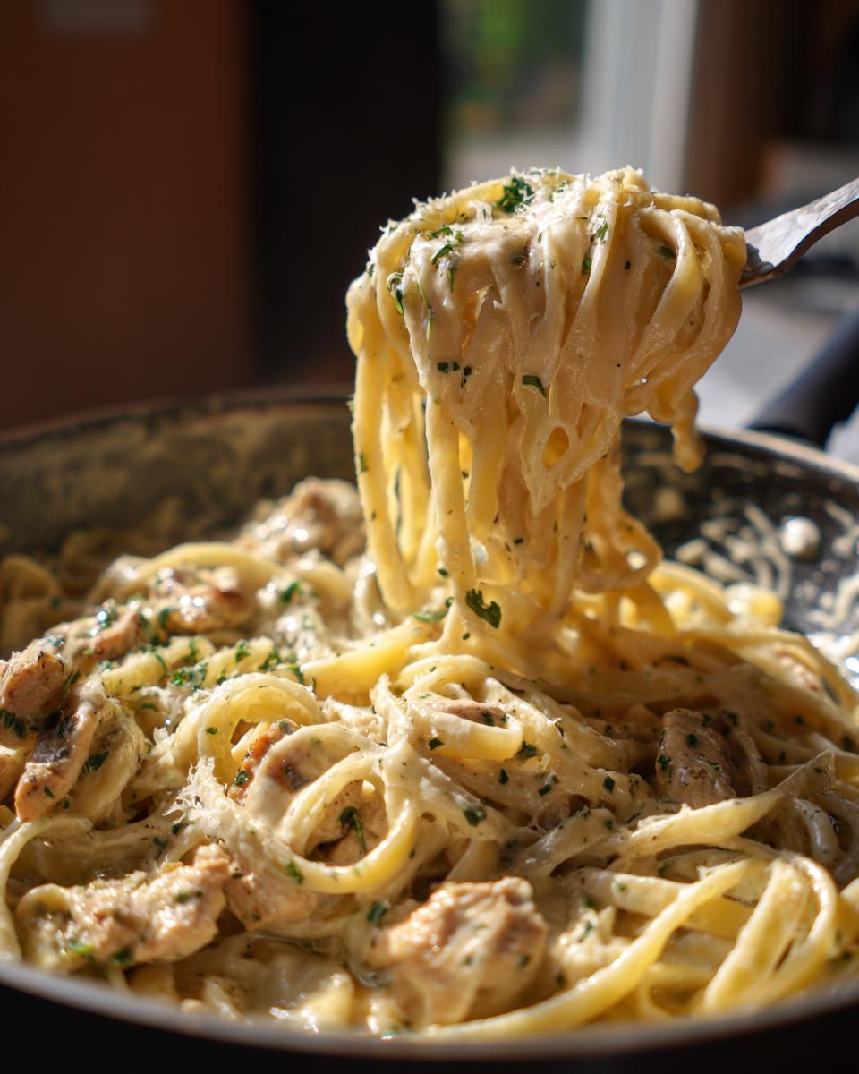 A fork lifting a generous portion of creamy chicken fettuccine alfredo from a skillet, garnished with parsley.