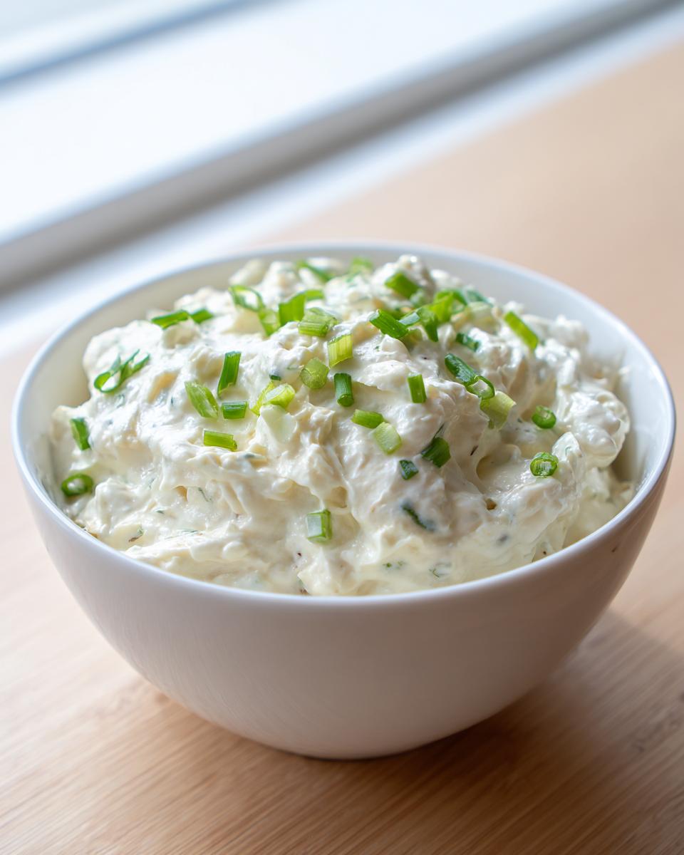 A white bowl filled with creamy clam dip, garnished generously with freshly chopped green chives.