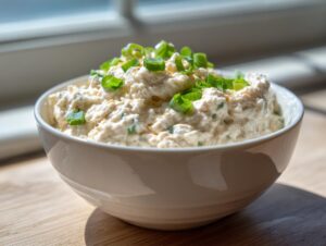 A white bowl filled with creamy clam dip, generously topped with bright green chopped scallions.