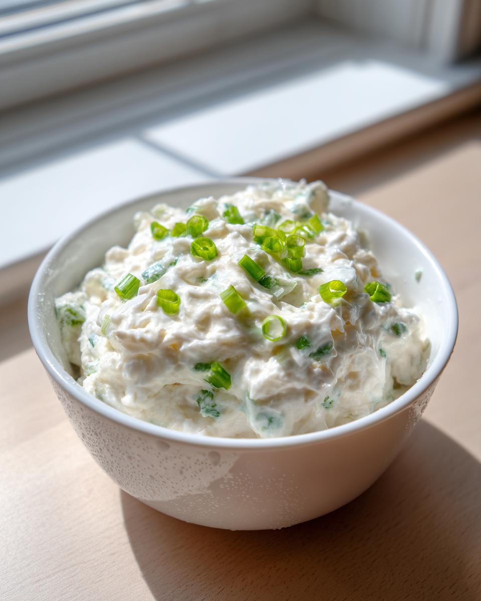 A white bowl filled with creamy clam dip, garnished generously with bright green chopped scallions.