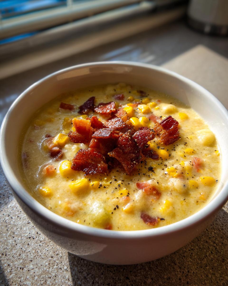 A close-up of a bowl of creamy corn chowder recipe, generously topped with crispy bacon bits and black pepper.