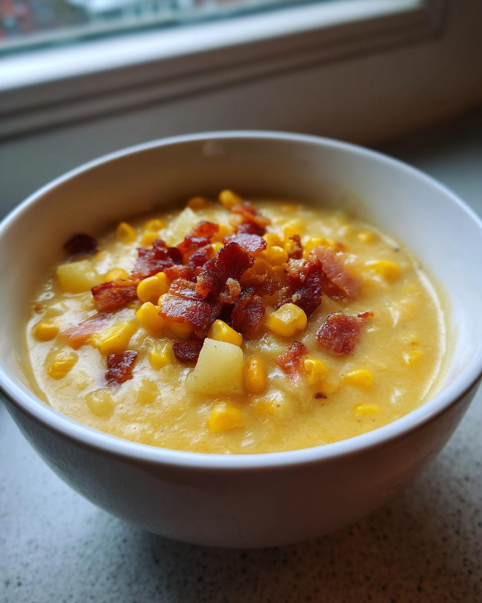 A close-up of a bowl of creamy corn chowder recipe, garnished generously with crispy bacon bits and whole corn kernels.