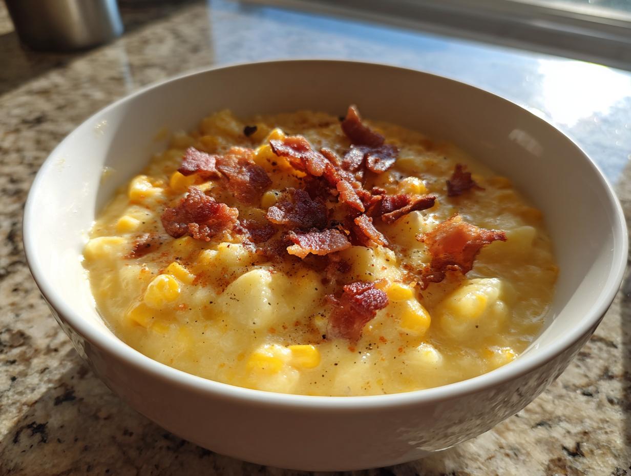 A close-up of a bowl of creamy corn chowder recipe topped generously with crispy bacon bits.