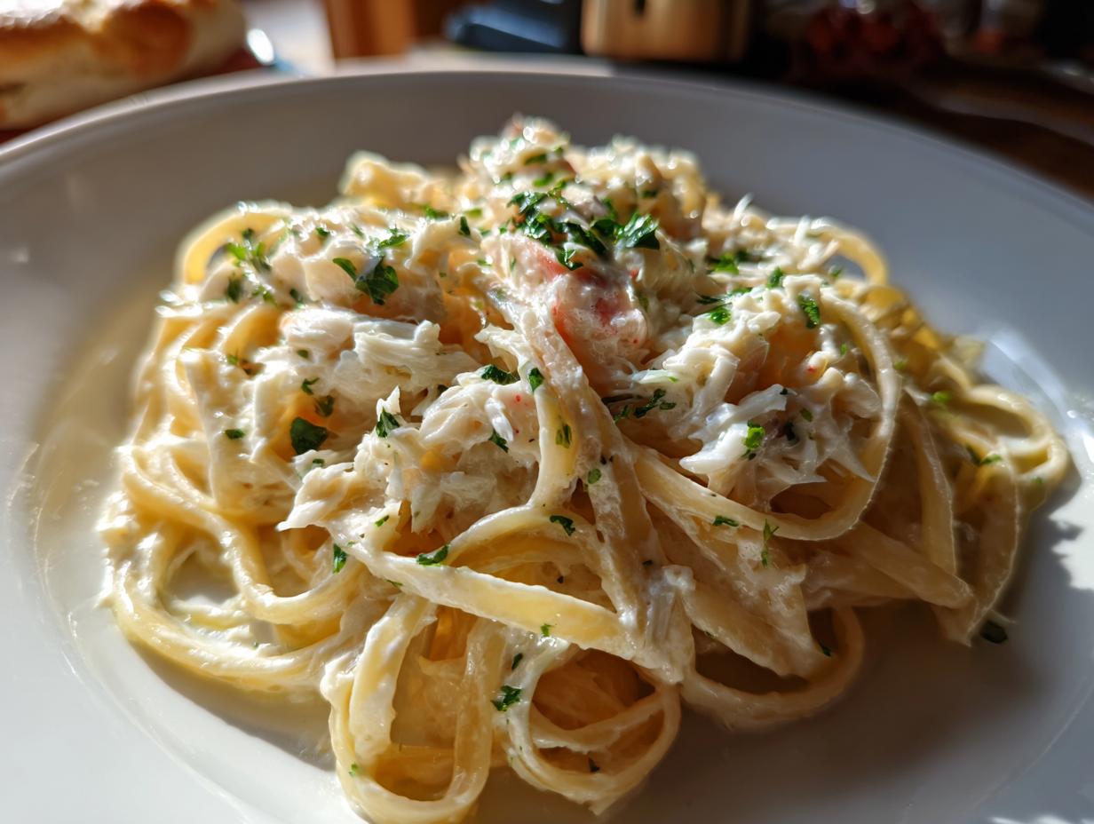 Close-up of a serving of creamy crab pasta tossed with rich sauce and topped with chopped parsley.