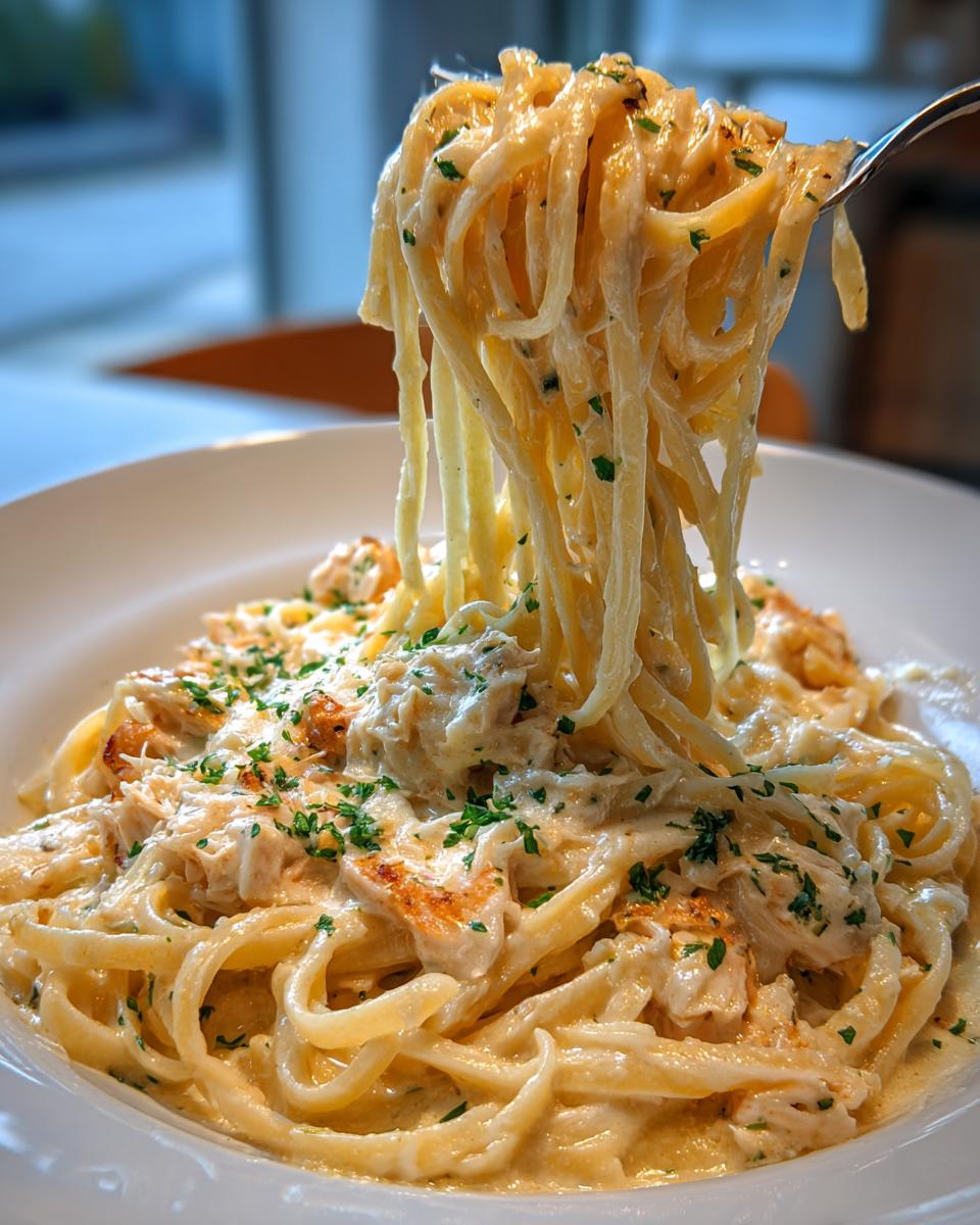 A fork lifts a tangle of creamy fettuccine noodles from a bowl of rich crab pasta, garnished with parsley.
