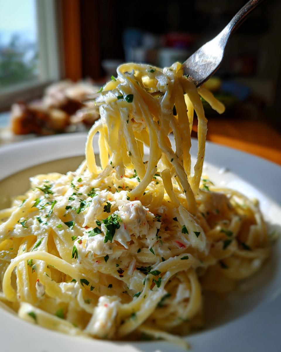 A fork lifts a twirl of fettuccine covered in creamy sauce and chunks of crab meat from a bowl of crab pasta.