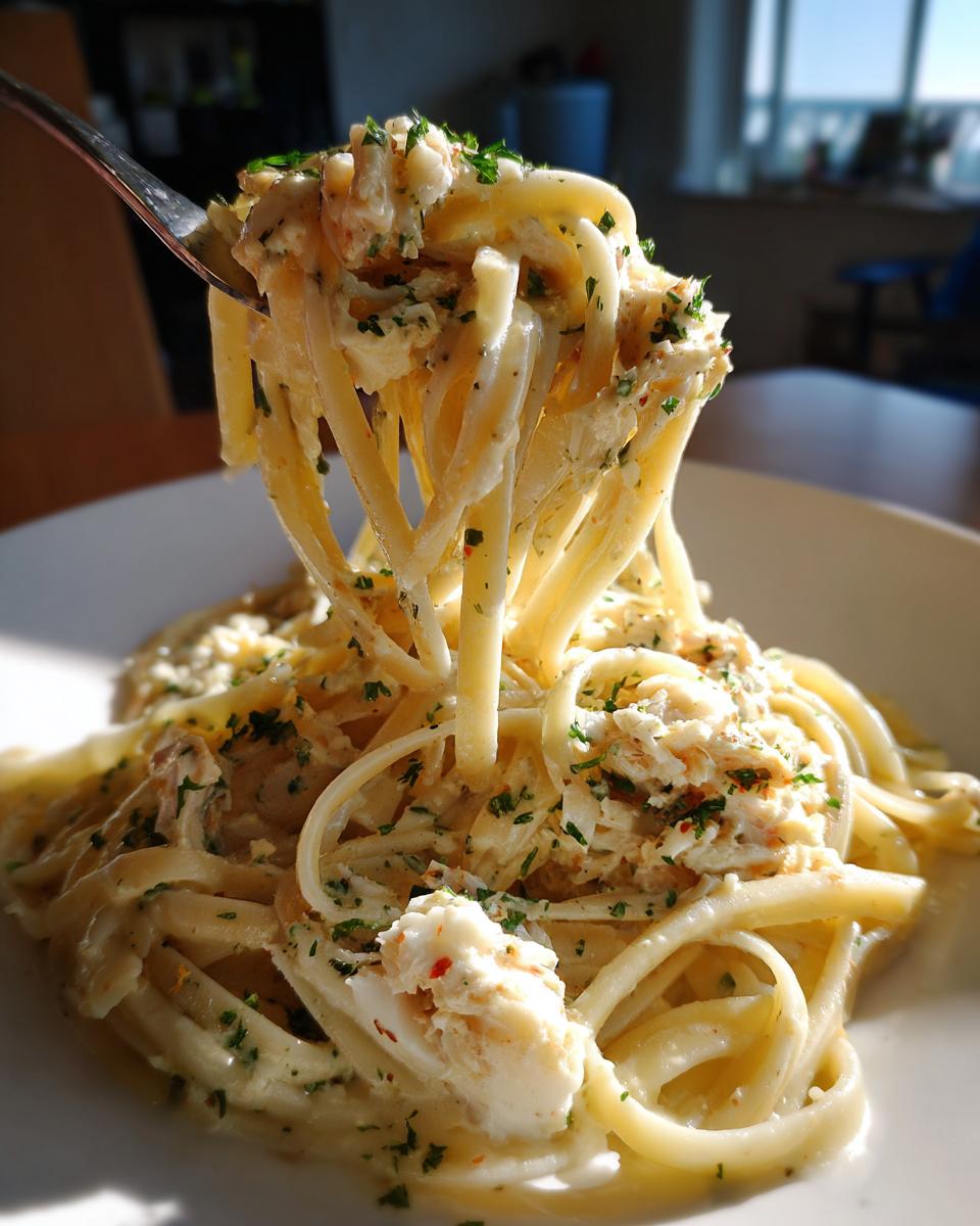 A fork lifting a generous portion of creamy crab pasta, showing linguine noodles, white crab meat, and parsley garnish.