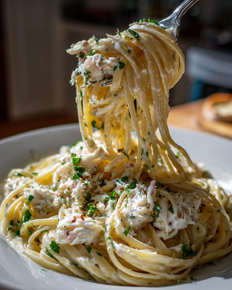 A fork lifts a generous twirl of linguine coated in creamy sauce and chunks of crab meat from a bowl of crab pasta.