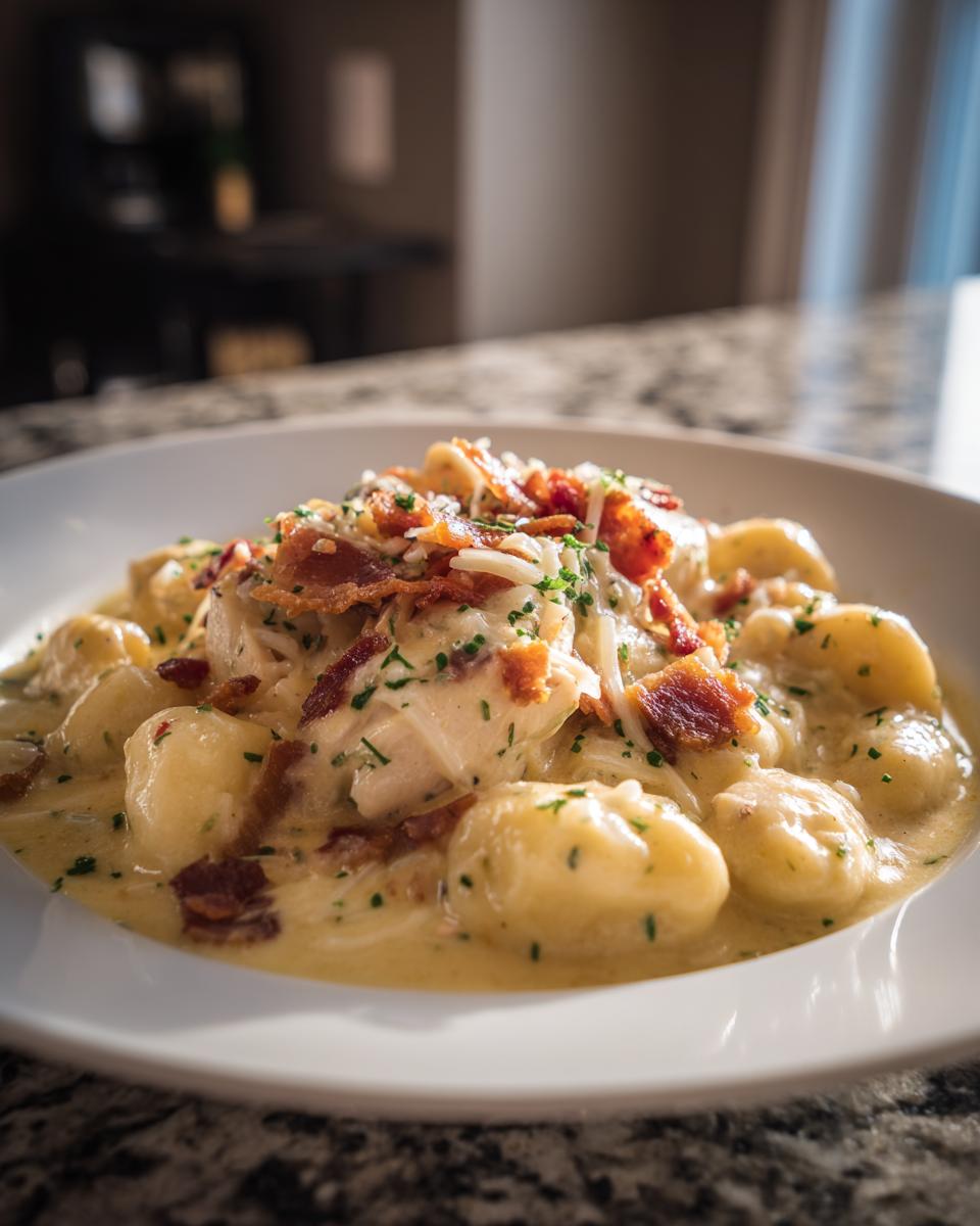 A close-up of creamy crack chicken gnocchi served in a white bowl, topped with crispy bacon bits and fresh herbs.