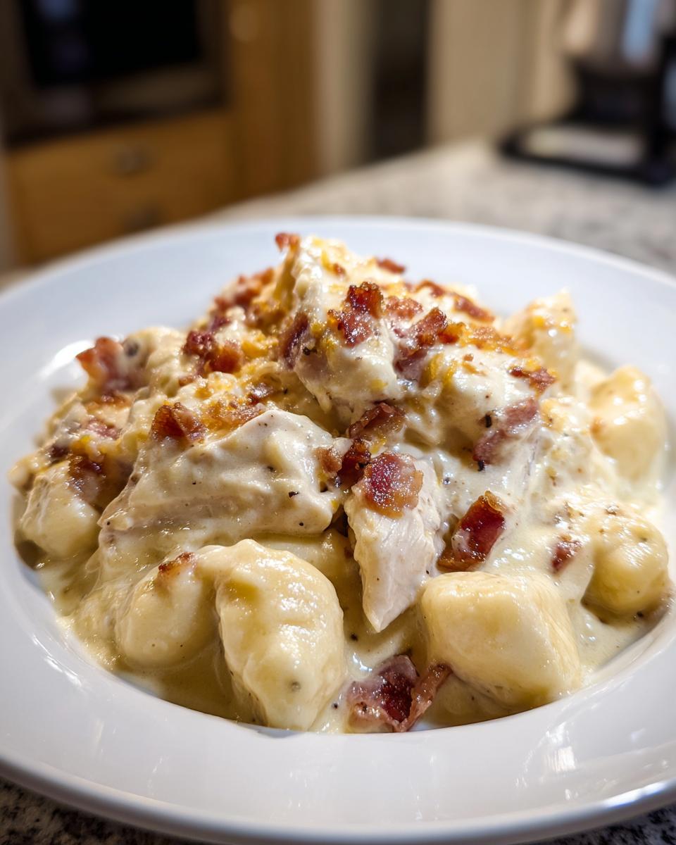 A close-up of a white bowl filled with creamy crack chicken gnocchi topped with crumbled bacon.